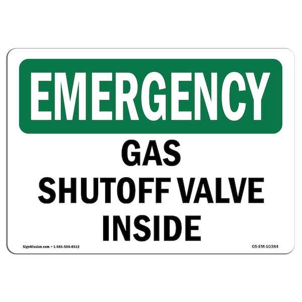 Safety Sign, OSHA EMERGENCY, 7" Height, Aluminum, Gas Shutoff Valve Inside, Landscape